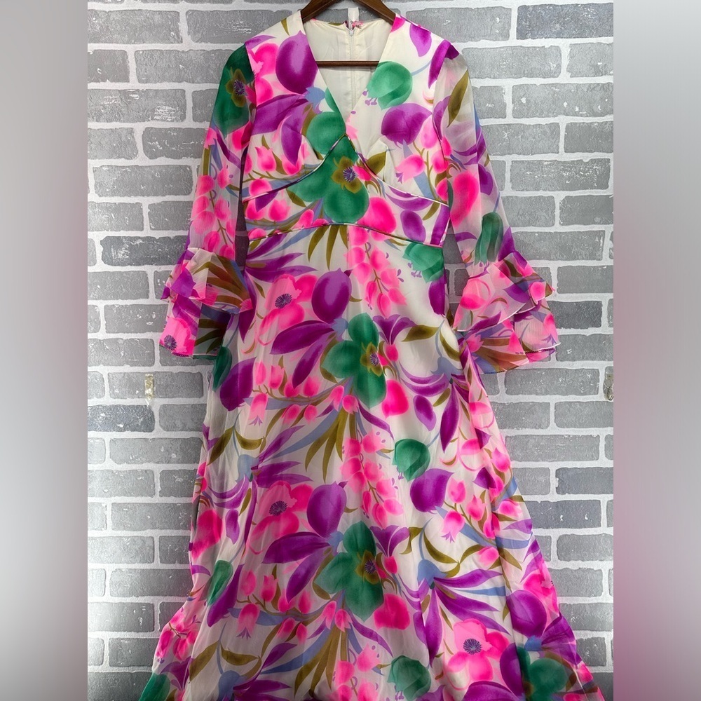 Vintage bright pink and purple v‎ neck long sleeve dress size Small
